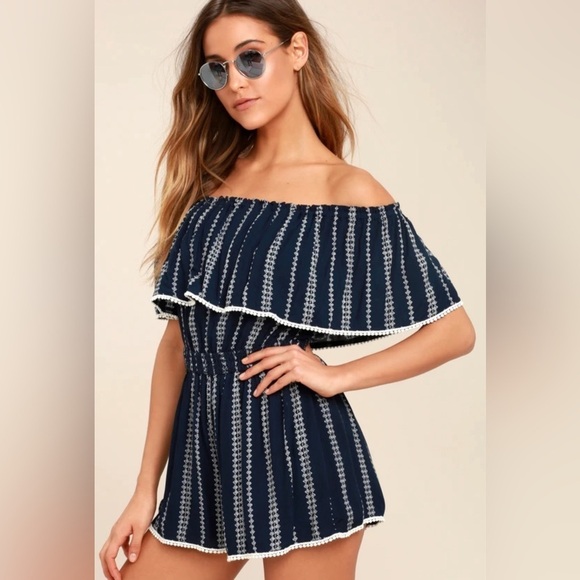 See Ya There Navy Blue Print Off-the-Shoulder Romper size XS - Picture 2 of 9